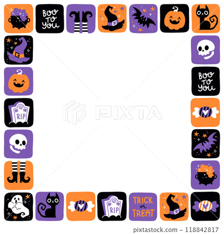 Hand drawn cartoon halloween frame with pumpkin, ghost, cat, sweets and scull. Colorful vector border template Hand drawn cartoon halloween frame with pumpkin, ghost, cat, sweets and scull. Colorful vector border template 118842817