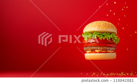 Delicious hamburger with fresh toppings against a red background 118842881