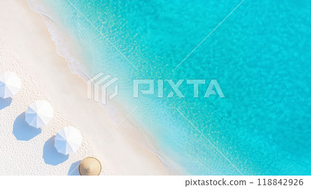 Relaxing beach scene with umbrellas and clear turquoise water 118842926