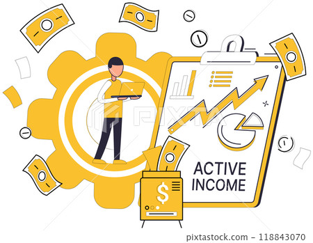 Income vector illustration. Investments, like seeds, bear promise bountiful financial harvest Income tax, tollbooth on highway prosperity, paves way for progress Currency, common language, facilitates 118843070
