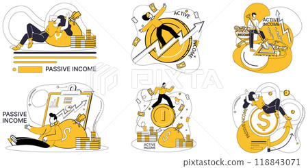 Income vector illustration. Income tax is toll paid on road to sustainable economic growth Income, like river, meanders through valleys financial landscape Currency is language spoken in bustling 118843071