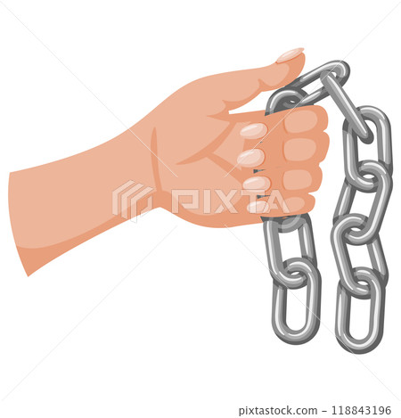 Human hand holding iron chain vector illustration. Detention or imprisonment, ban and arrest, restriction of freedom, constraint symbol. Obsolete heavy irons, silver jail chain, criminal design Human hand holding iron chain vector illustration. Detention or imprisonment, ban and arrest, restriction of freedom, constraint symbol. Obsolete heavy irons, silver jail chain, criminal design 118843196