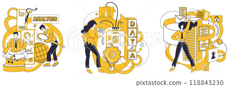 Big data vector illustration. Research, compass, navigates through uncharted seas big data exploration Big data metaphor, cosmic dance, choreographs patterns in celestial tapestry information 118843230