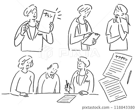 Care and welfare jobs (care managers, counselors, nurses), line drawings Care and welfare jobs (care managers, counselors, nurses), line drawings 118843380