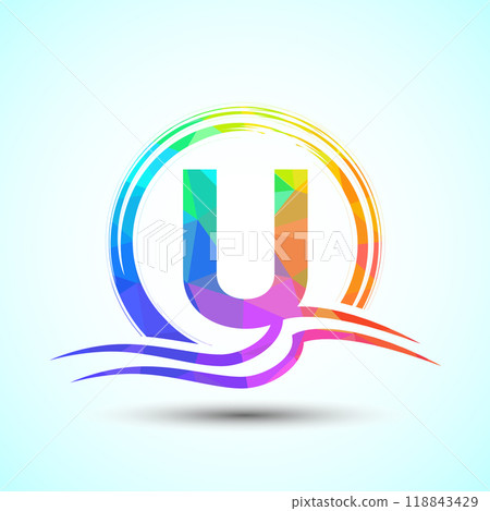 Initial letter with water ocean waves and the sun. Beach logo design concept Initial letter with water ocean waves and the sun. Beach logo design concept 118843429