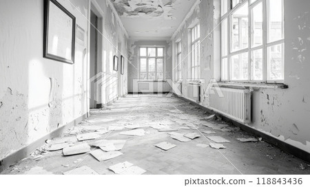 Abandoned Building Hallway with Peeling Paint and Scattered Debris - Black and White Photography. Abandoned Building Hallway with Peeling Paint and Scattered Debris - Black and White Photography. 118843436