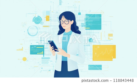 Woman using mobile phone with data analysis and technology background. 118843448