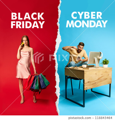 Collage. Woman in pink dress holding shopping bags and credit card. Man sits at a desk and buying goods via phone 118843464