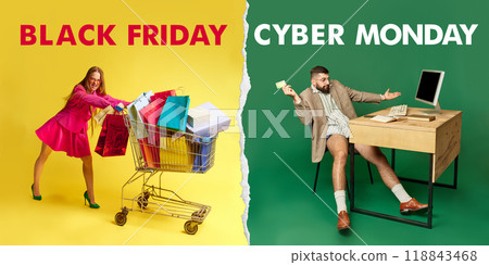 Collage. Young stylish woman pushing shopping cart full of colorful bags on left, while on right, man sitting at desk with computer, holding credit card 118843468