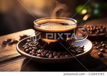 Coffee beans and a cup of coffee 118843565