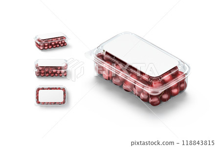 Blank transparent plastic box with cherry mockup, different views 118843815