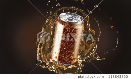 Beer 330 ml soda can drops splash mockup, depth of field 118843860