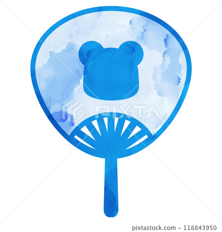Illustration material: fan, hand-drawn, watercolor, blue, bear 118843950