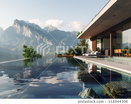 House by lake with pool, surrounded by mountains and natural landscape 118844306