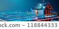 Building with solar panel on roof surrounded by network of electric blue lights 118844333