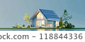 Solar panels on the roof of a green house under the blue sky 118844336