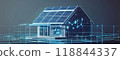 Computergenerated image of a house with solar panels on the electric blue roof 118844337