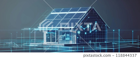 Computergenerated image of a house with solar panels on the electric blue roof 118844337