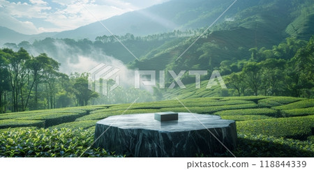 A tree stump in a green field with mountains in the background A tree stump in a green field with mountains in the background 118844339