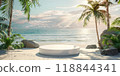 White podium stands on sandy beach with palm trees, rocks, and clear blue sky 118844341