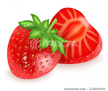 Realistic strawberry. 3d isolated berry. Whole and half fruit. Decorative element for packaging design, natural yogurt and milkshake ingredient. Organic, vitamin fresh sweet food. Vector illustration 118844343