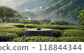 Teapot on table in grassy field with mountains in background 118844344