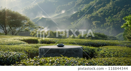 Teapot on table in grassy field with mountains in background 118844344