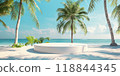 A white podium on a beach with palm trees, azure water, and clear blue sky 118844345