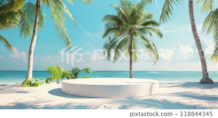 A white podium on a beach with palm trees, azure water, and clear blue sky A white podium on a beach with palm trees, azure water, and clear blue sky 118844345