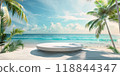 A round bed by the water with palm trees and azure sky in the background 118844347