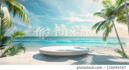 A round bed by the water with palm trees and azure sky in the background 118844347
