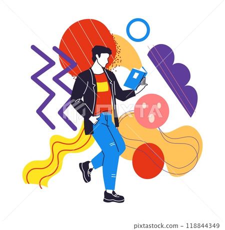 Abstract shapes. Man reading book. Smart bookworm hobby. Students education. Reader enjoying of novel. Colorful figures collage. Simple zigzag and flat squares. Minimal geometric forms. Vector concept 118844349
