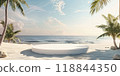 A white circle on the sandy beach among palm trees under the sunny sky 118844350