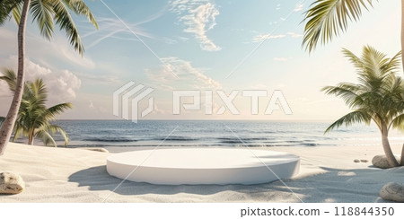 A white circle on the sandy beach among palm trees under the sunny sky A white circle on the sandy beach among palm trees under the sunny sky 118844350