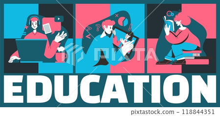 People education. Student course. School lesson. Girl reading book. Video webinar. Guy at laptop. University knowledge. E-learning educational distance technology. Online training. Vector color banner 118844351