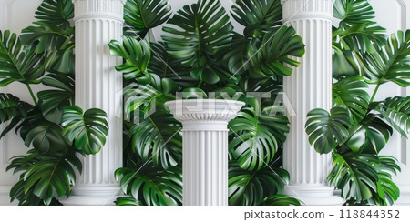 White columns in a building facade with green areca palms around White columns in a building facade with green areca palms around 118844352