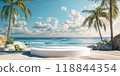 White podium on tropical beach with palm trees, ocean, azure sky, and water 118844354