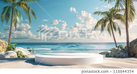 White podium on tropical beach with palm trees, ocean, azure sky, and water 118844354