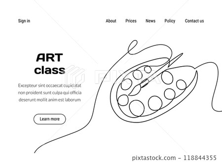School stationery. Art class landing page. Outline paint palette with paintbrush. Continuous line drawing. Website design template. Artistic course. Online painter education. Vector web background 118844355