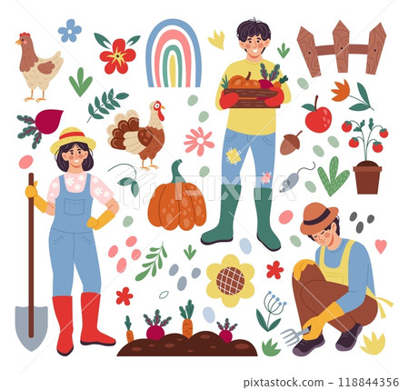 House farm. Cute gardener. Happy agriculture worker. Care of domestic animals. Farmers grow vegetables. Chicken and turkey. Organic products. Home garden. Village flowers. Vector farming elements set 118844356