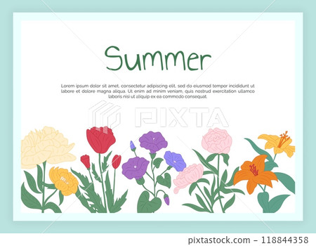 Summer banner. Poster template, card with copy space for text. Different flowers, poppy lily and peony, frame or border. Summertime sale or discount, bloom and leaves. Vector modern illustration 118844358
