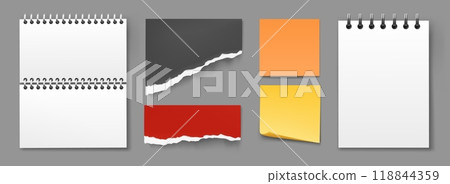 Notebook papers. Different memo pages. Empty notepad sheets, yellow reminders with sticky corner, isolated realistic stationery. Colorful notepaper torn edge message list. Vector isolated illustration 118844359