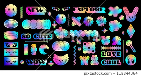 Y2K metal sticker. Graphic anime element. Label design. Gradient hologram. Abstract tag. Rave party. Vintage sign badge. Futuristic silver shapes. Metallic smile. Vector garish retro fun icons set 118844364