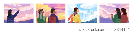 People watching sky. Dream cloud. Scenic landscape. Adventure with coffee. Peaceful heaven scenery. Motivation nature. Woman meeting solitude. Man looking at sunrise. Vector garish cartoon banners set 118844365