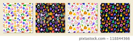 Food seamless pattern. Abstract shapes. Doodle fruit. Organic figures. Matisse nature print. Kids texture. Childish modern flat art. Fresh products. Geometric garish decoration. Vector backgrounds set 118844366