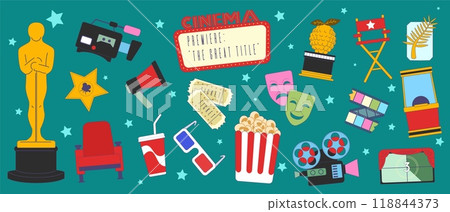 Cinema icon. Oscar statue award. Hollywood movie, popcorn camera. Film director and actor, production filmmaking media art. Cartoon flat style isolated cinematography illustration. Vector doodle logo 118844373