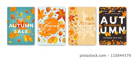 Autumn Thanksgiving, holiday poster. Fall background with realistic leaves, card design. Harvest pattern, flyer leaf. Poster foliage, decoration leaf border. Banner orange sale template. Vector layout Autumn Thanksgiving, holiday poster. Fall background with realistic leaves, card design. Harvest pattern, flyer leaf. Poster foliage, decoration leaf border. Banner orange sale template. Vector layout 118844379