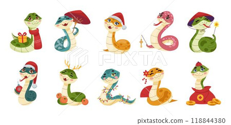 2025 New Year. Snake cartoon character. Chinese animal. Funny reptile. Symbol of holiday. Zodiac viper. Asian mascot. Horoscope tradition celebration. Xmas hat. Vector cartoon tidy baby serpents set 2025 New Year. Snake cartoon character. Chinese animal. Funny reptile. Symbol of holiday. Zodiac viper. Asian mascot. Horoscope tradition celebration. Xmas hat. Vector cartoon tidy baby serpents set 118844380