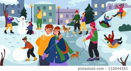 Winter park. Family in nature. Cold season leisure. Woman and man outdoor walking with dog. Snowy landscape. Kids play snowball game. Fun snowman. Ice skating. Vector tidy cartoon strolling people Winter park. Family in nature. Cold season leisure. Woman and man outdoor walking with dog. Snowy landscape. Kids play snowball game. Fun snowman. Ice skating. Vector tidy cartoon strolling people 118844381