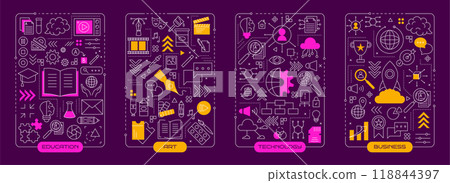 Technology creative line infographic. Digital icons. Business team. Startup project. Research strategy. Work communication. Graphic data diagram. Abstract education pictograms set. Vector garish art 118844397
